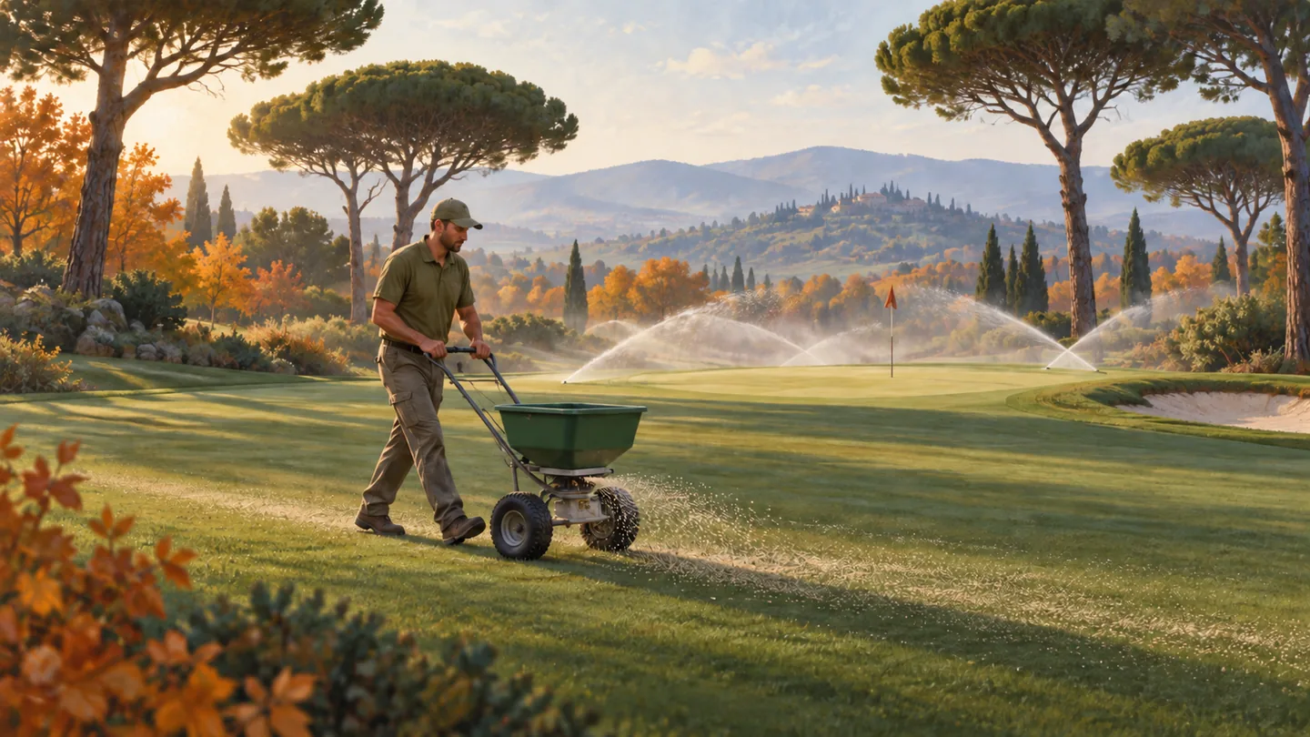 Illustration of a greenkeeper pushing a seed spreader along a fairway while sprinklers water a green framed by pine trees