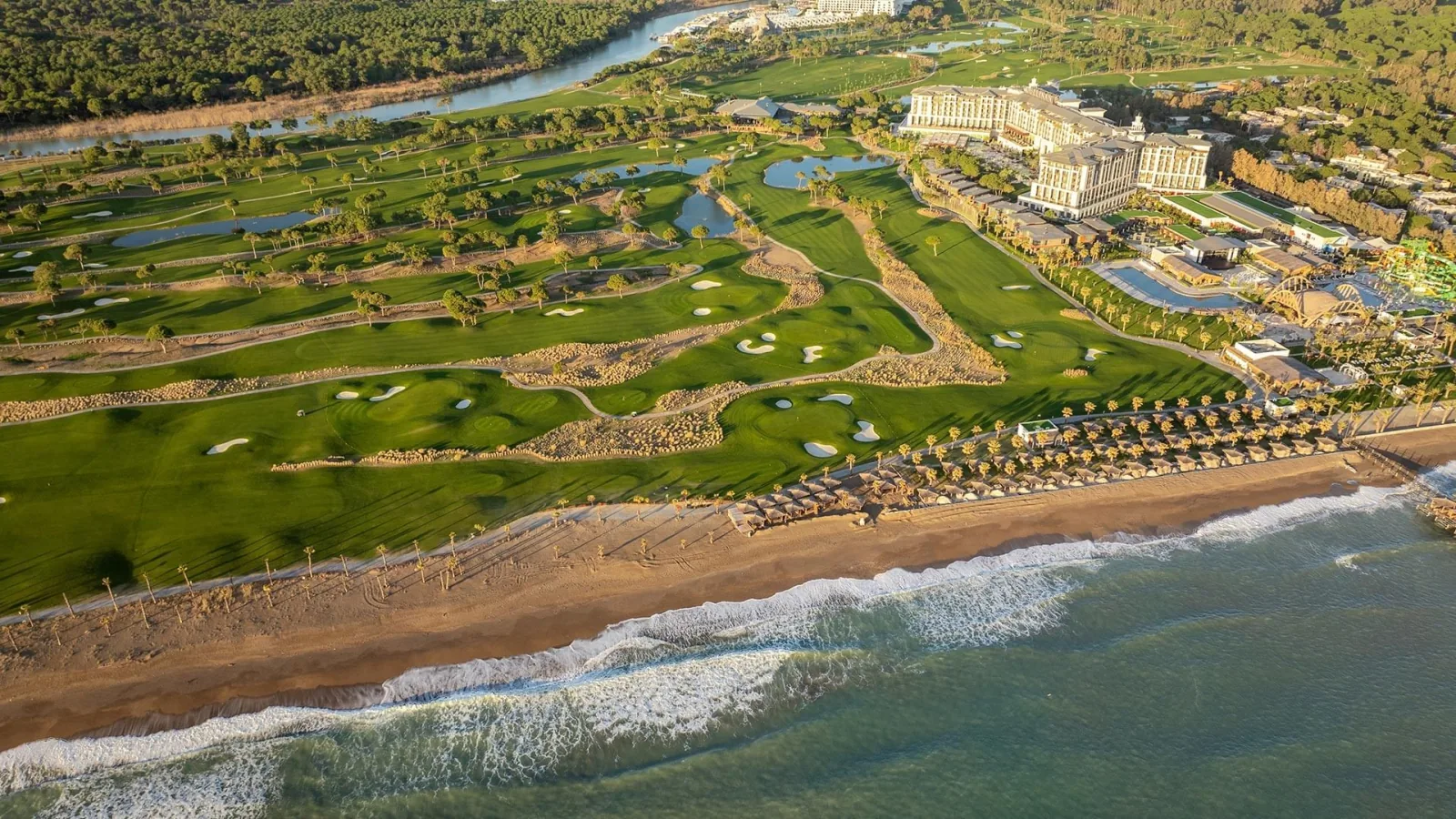 Aerial view of Cullinan Links between the Beşgöz River and Mediterranean coast